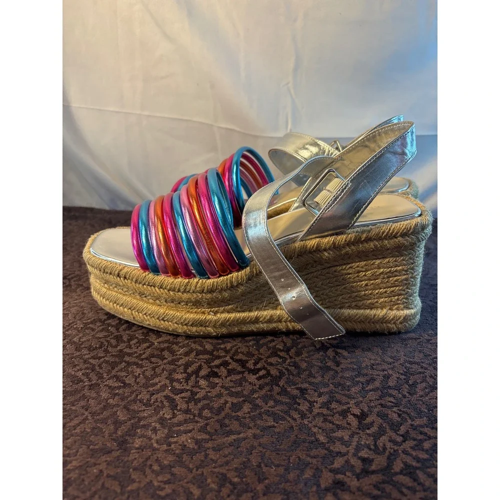 Kenneth Cole New‎ York Metallic Multi-Color Espadrille Wedge Sandals Silver 8.5M